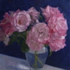 pink roses against blue